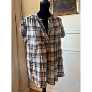FREE PEOPLE Raw Hem Plaid Boho Swingy Shirt Top Size XS/S